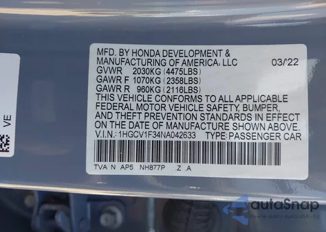 2022 Honda Accord Sport from USA, damaged, VIN 1HGCV1F34NA042633
